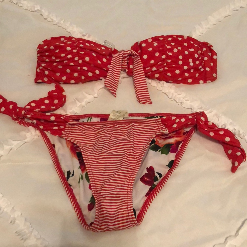 Red polka dot and strip bikini